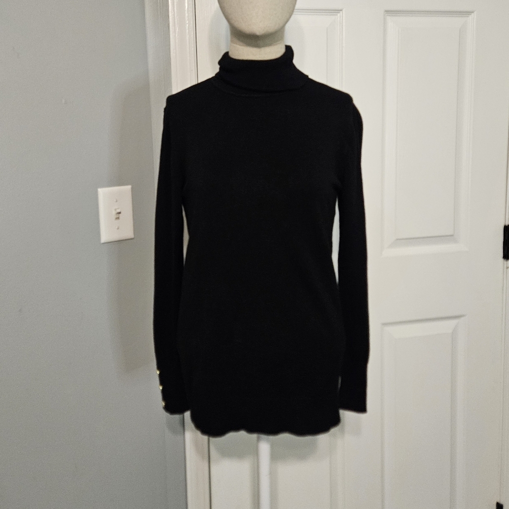 Anne Klein Black Turtleneck Sweater with Gold Button Cuffs